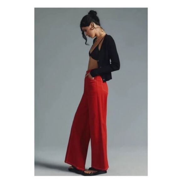 Maeve Seamed High Rise Wide Leg Jeans Red Size 28 Anthropologie - Picture 4 of 11